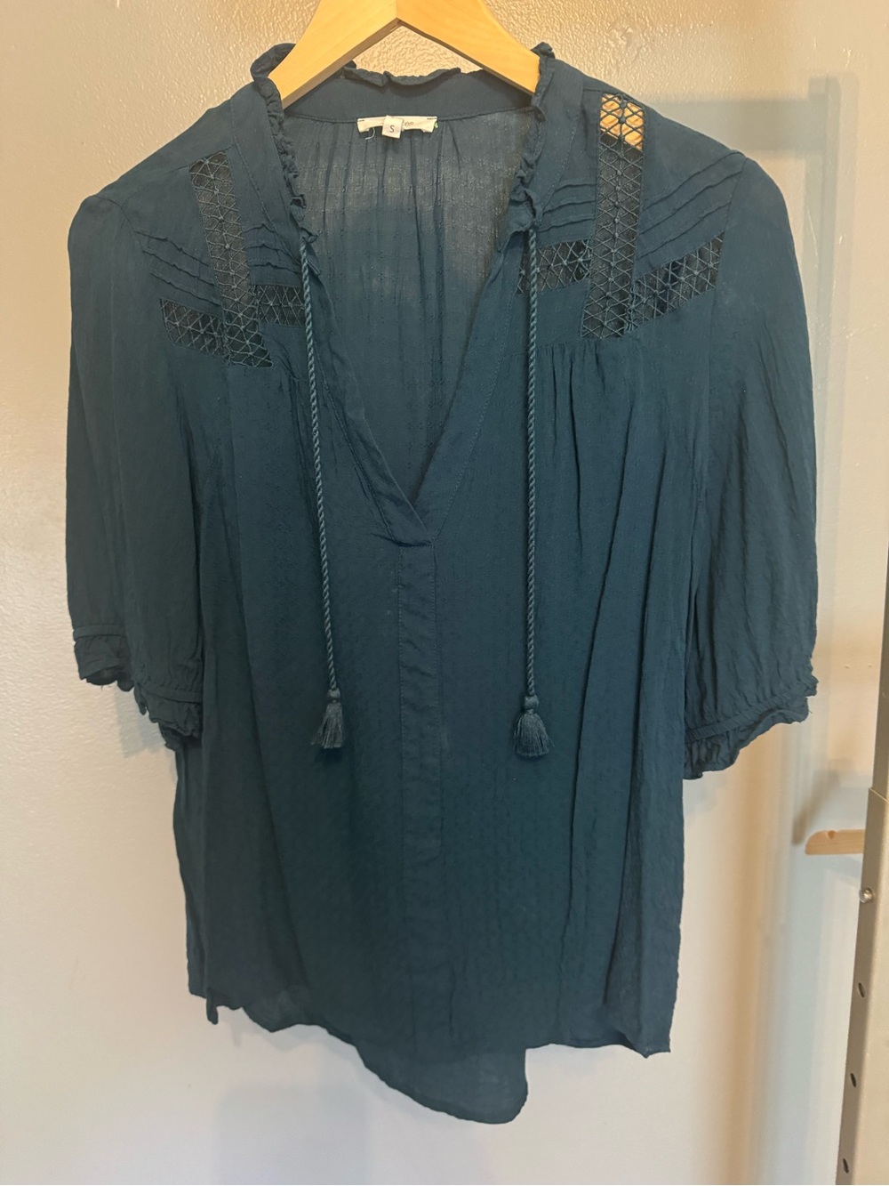 Maurices Teal V-Neck Tassel Peasant Blouse with Lace Insets